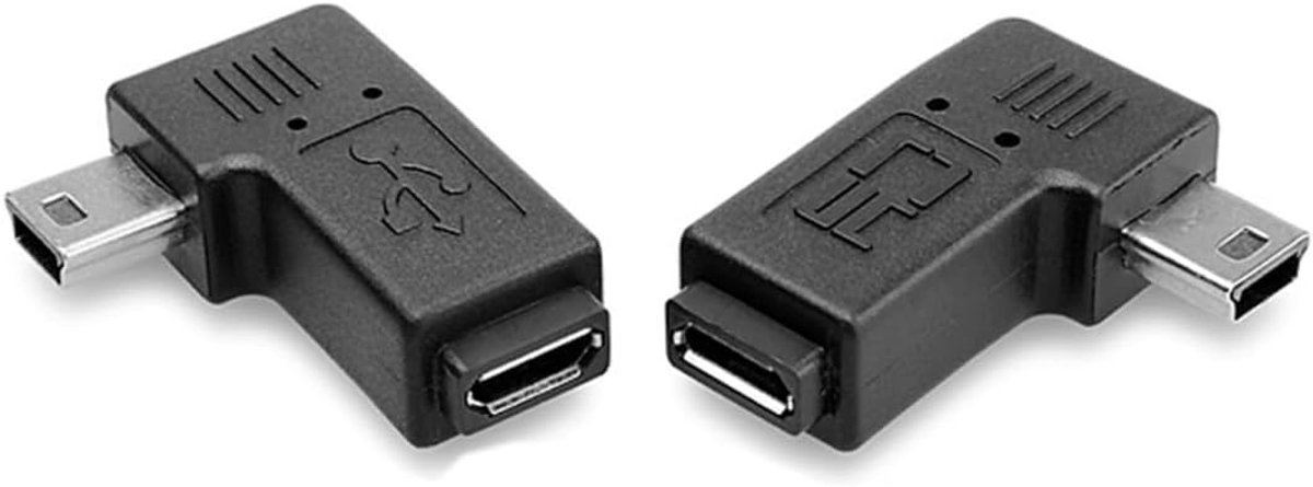2 Pack Mini USB 5Pin mannelijk naar micro USB vrouwelijk 90 graden links en rechtshoekige gegevenssynchronisatie stroomadapter