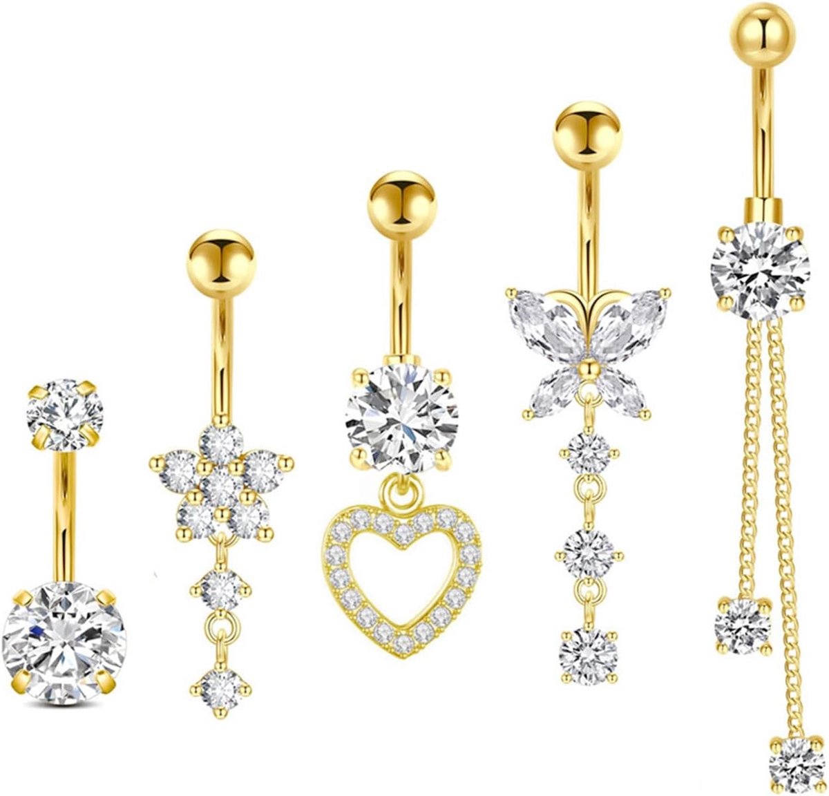 5 stuks navelpiercings, knooppiercing bloem hart vlinder kettingvorm roestvrij staal voor vrouwen meisjes (goud)