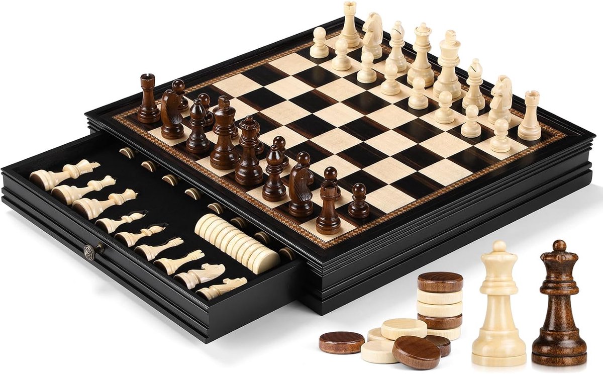 Magnetische schaak- en dammenset met 2 ingebouwde opbergladen, 15 inch klassieke 2-in-1 houten bordspellen, magnetische schaakstukken, 2 extra koninginnen, luxe schaakset voor volwassenen en
