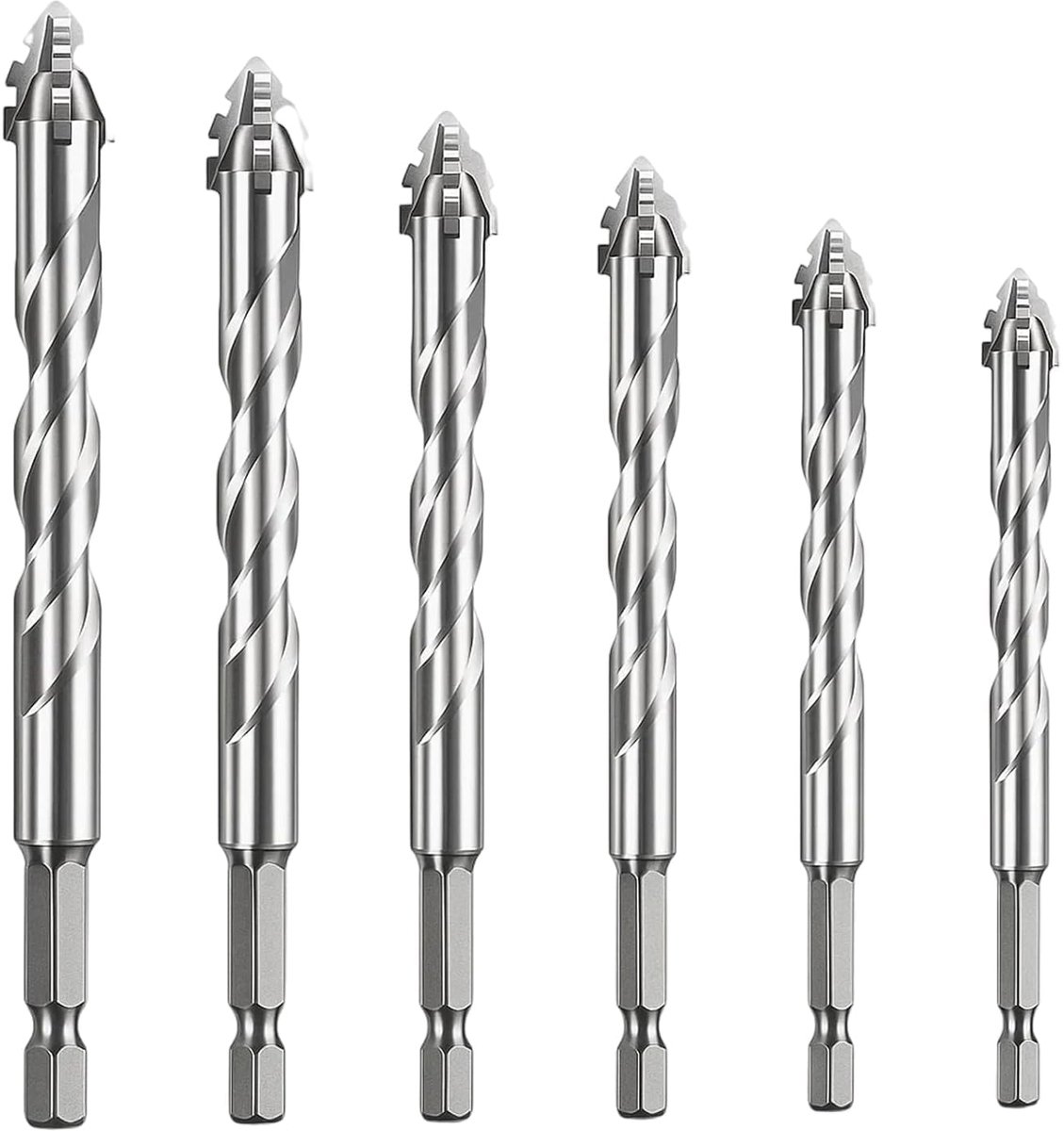 6-delige viersnedige zaagtand excentrische boor, 4/5/6/8/10/12 mm excentrische boorset, 1/4 zeskantige schacht, multifunctionele boorset voor glas, beton, keramiek, hout, metaal, boren