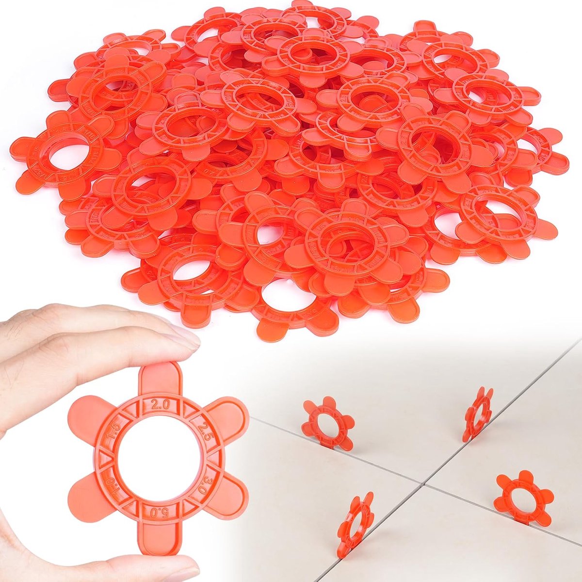 Afstandhouders, 6-in-1, herbruikbaar in verschillende maten (1mm 1.5mm 2mm 2.5mm 3mm 5mm) perfect voor vloer-, muur- en keukeninstallaties (200 stuks, rood)