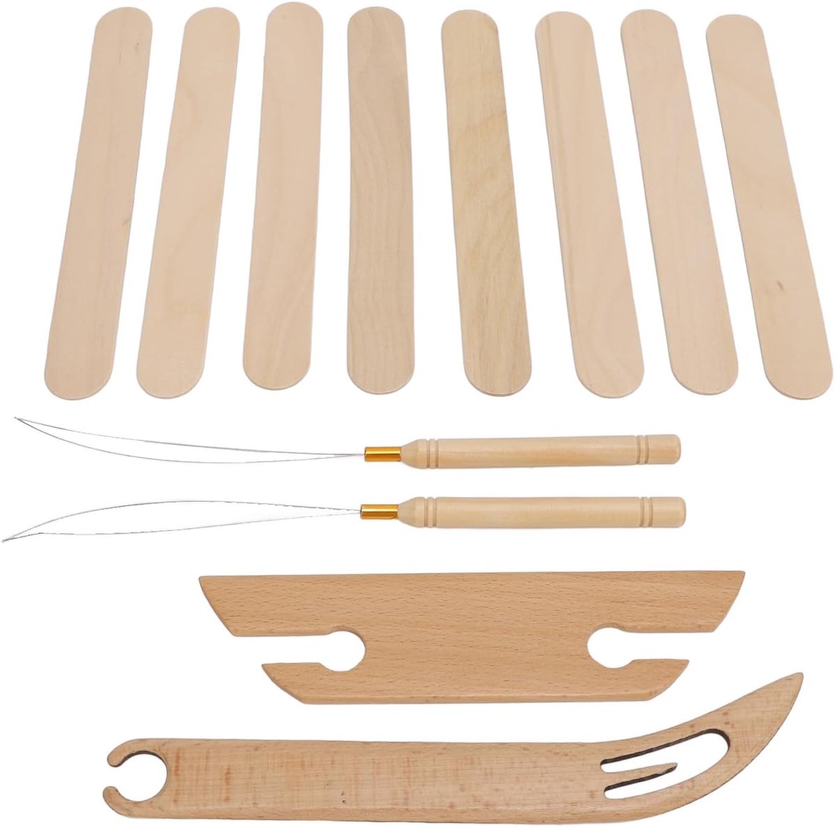 12-pack Houten Handweefgetouwstokjesset Inclusief Houtweven Haaknaald Houten Shuttle Houtweefkam Weefgetouw Gereedschap Accessoires voor Gebreide Ambachten Doe-het-zelf