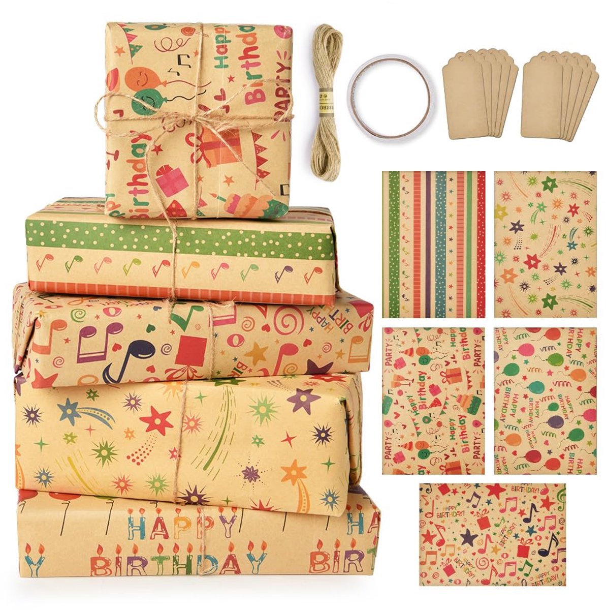 Cadeaupapier 5 stuks 50 x 70 cm - met etiketten en plakband - voor Kerstmis en verjaardagen - SnelShoppen