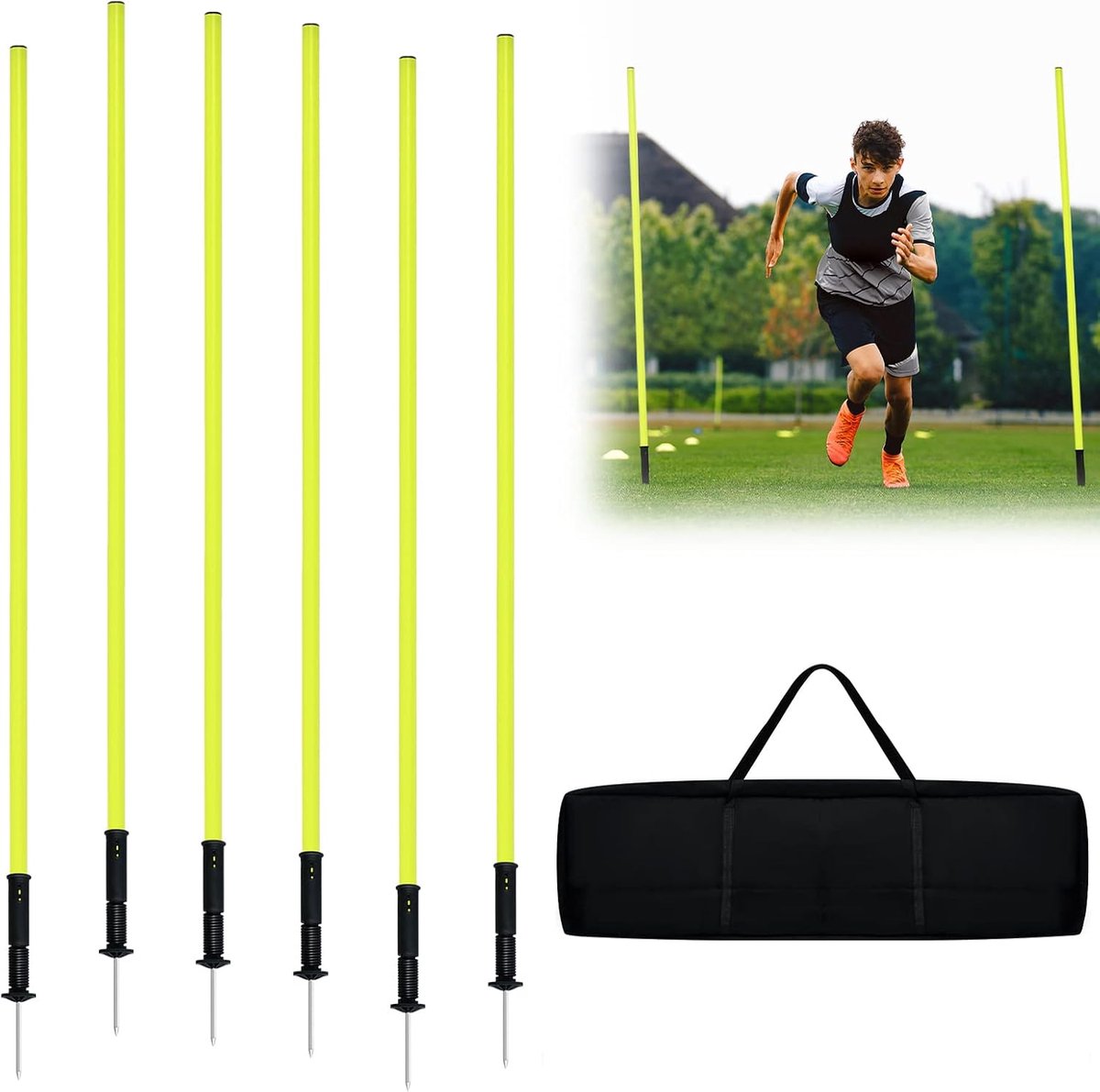 Slalomstangen, set van 6 slalom stangen, voetbal, trainingsaccessoires, behendigheidsset met metalen grondspikes en veren voor honden, voetbaltrainingsset, geel