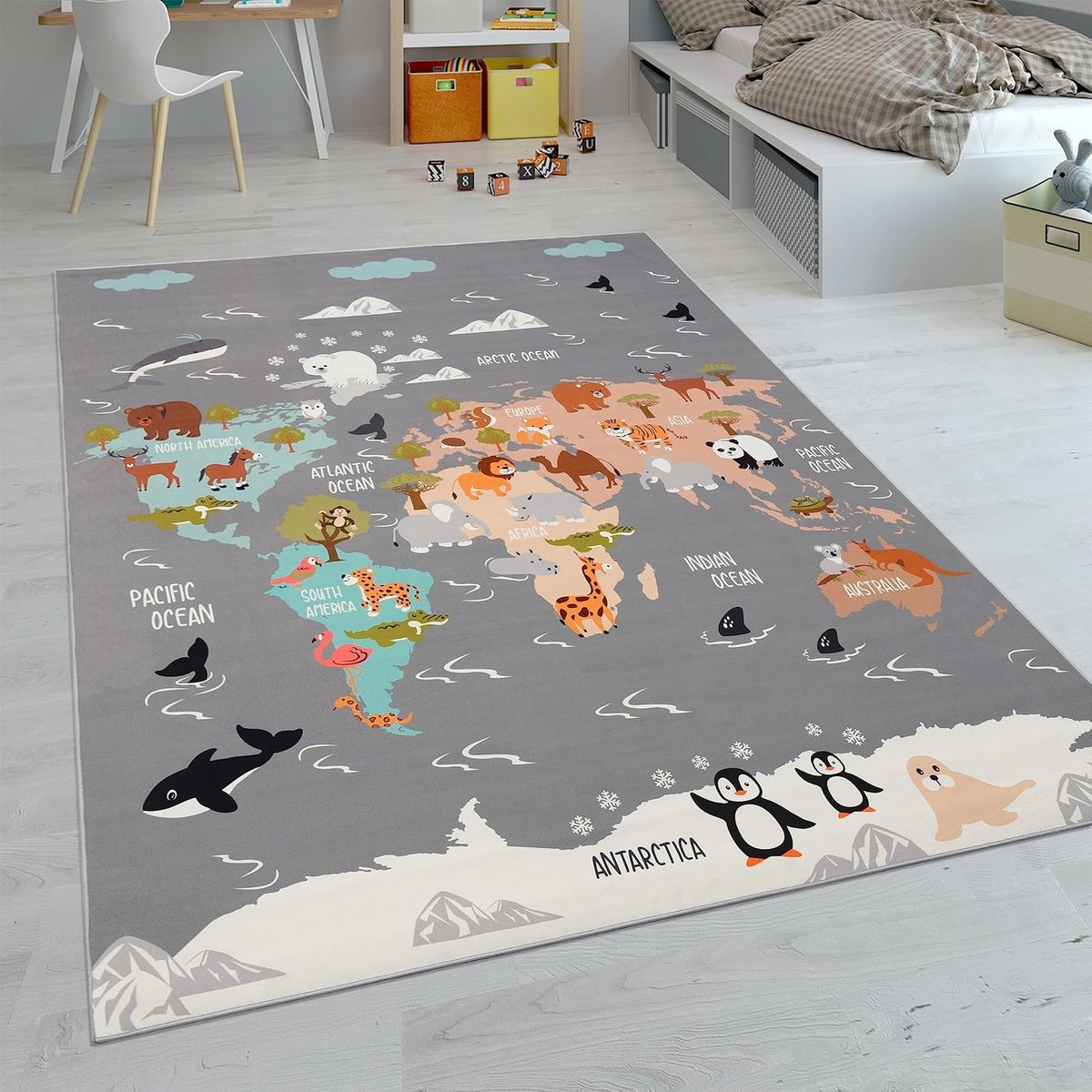 Home Vloerkleden Voor Kinderen Laagpolige Vloerkleden Voor Kinderkamer Met Versch. Designs Speelvloerkleden Meerkleurig, Maat:160x220 cm, Kleur:Grijs 3