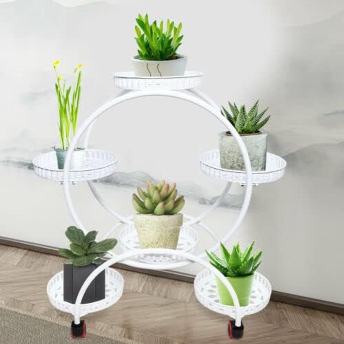 Bloemenkast, potplantenstandaard, rek met wieltje, metaal, ijzer, bloempotten, plantendisplay, bloemenbank voor binnen en buiten, tuindecoratie met zes grote dienbladen (wit)
