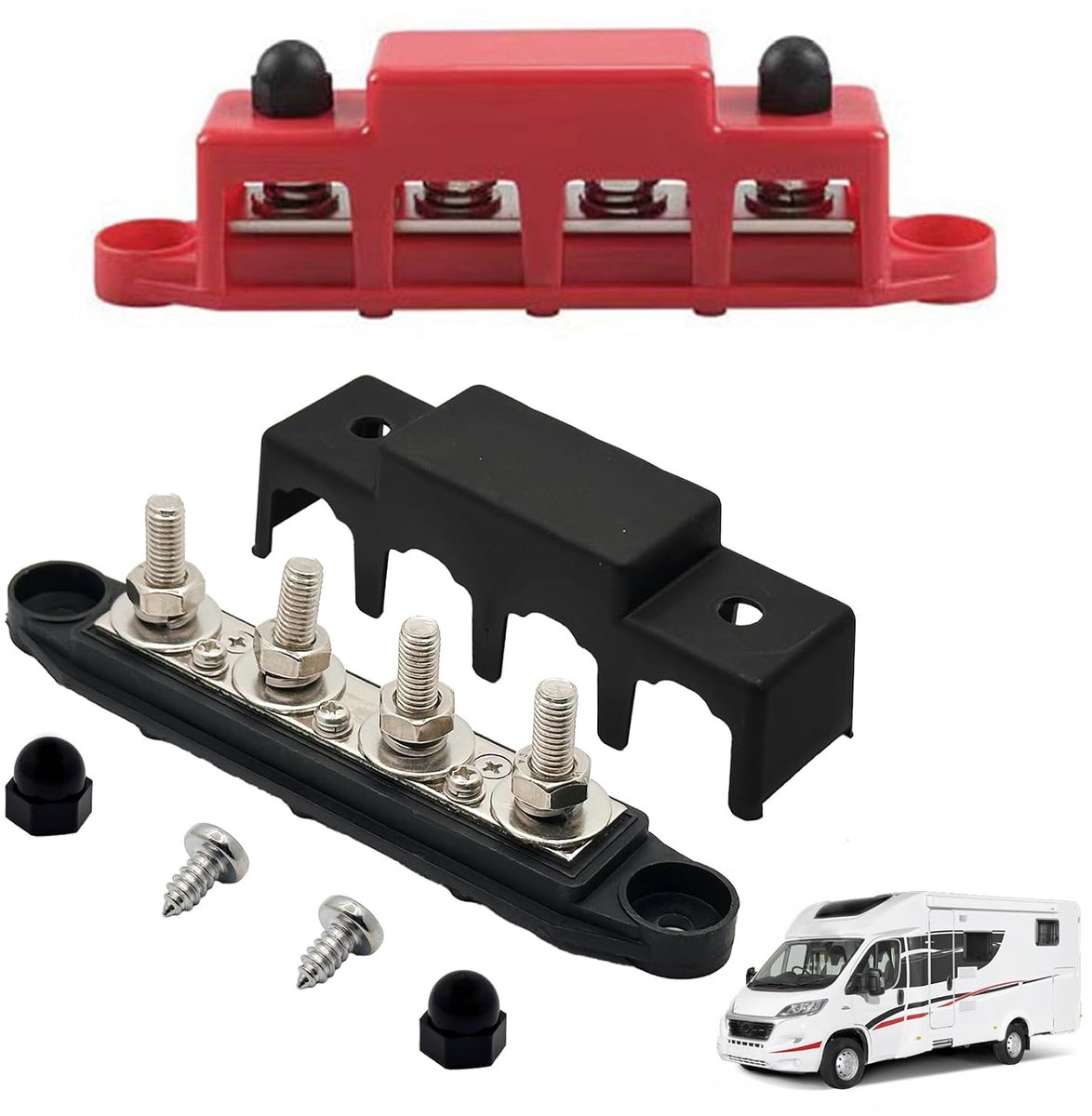 Busbar, 1 set verzamelrails, verdelerblok, busbar, box, verzamelrail 12 V verzamelrail klembouten, hoog vermogen, stroomverdelingsblok, aardstroom voor auto, RV, boot en jacht (rood zwart)