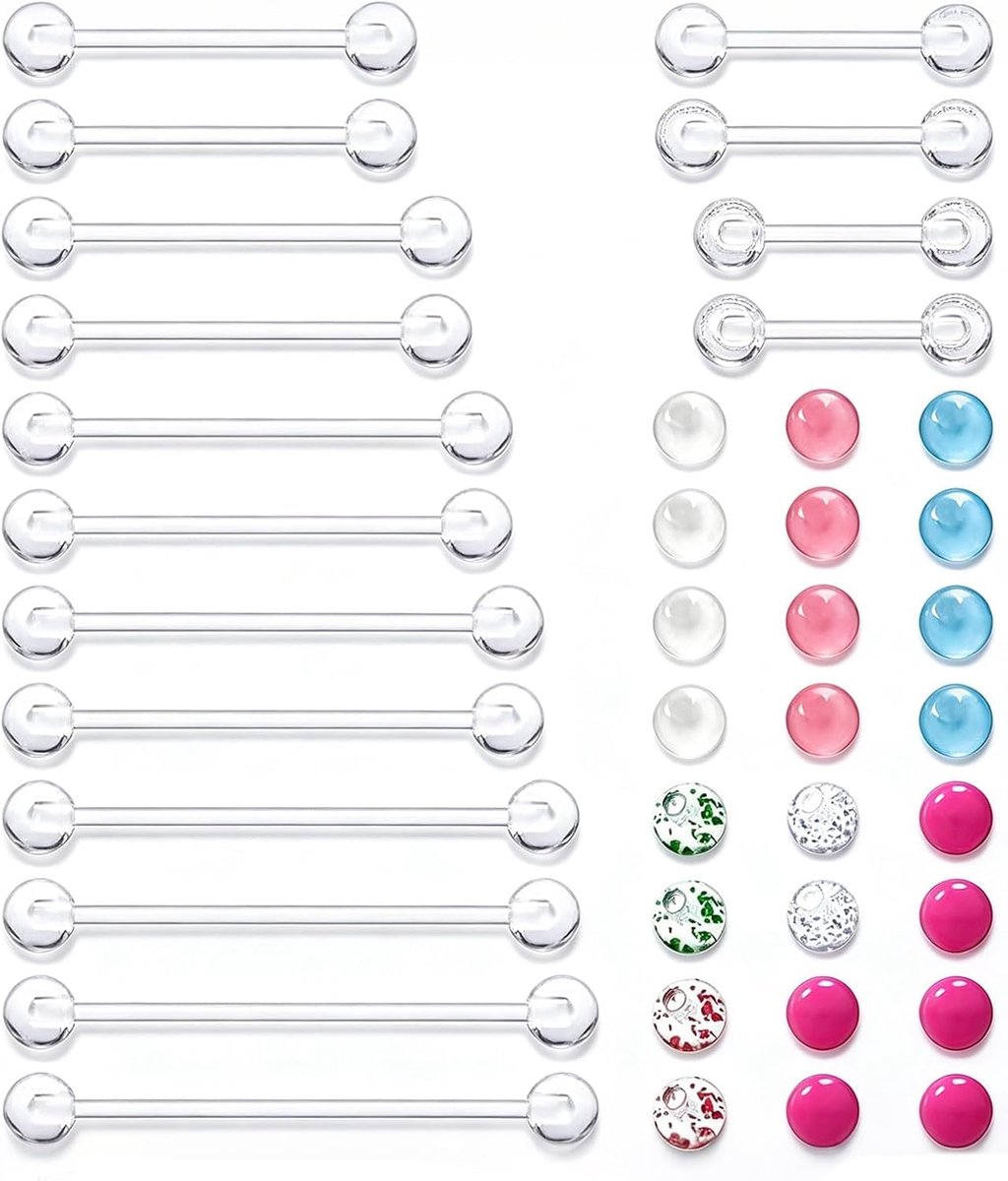 40 Stuks Tongpiercing Set Tongpiercing Staafjes Met Vervangbare Balletjes Barbell Piercing Voor Tong 8 Maten