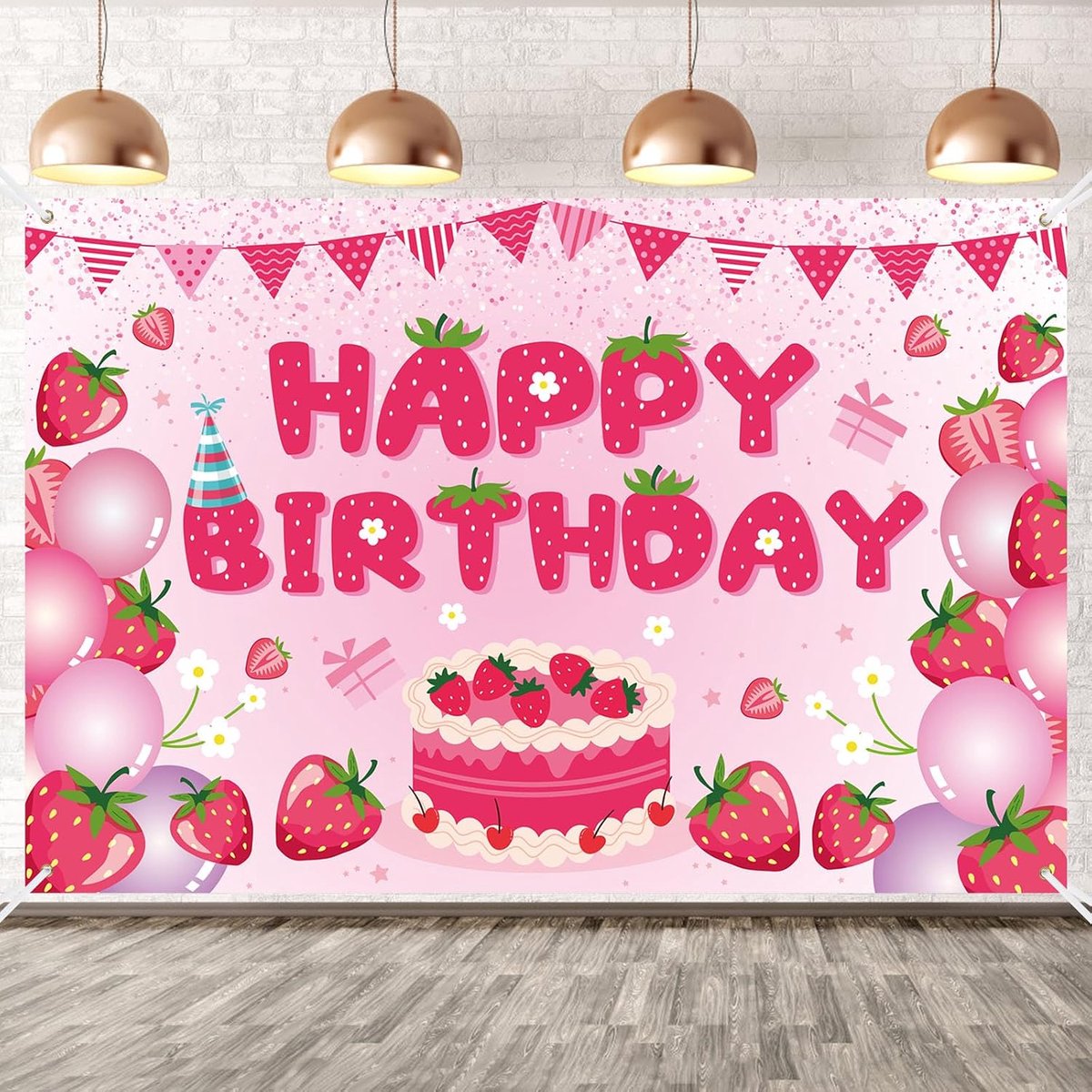 Verjaardagsbanner met Aardbeienthema, 152x100cm Schattige Verjaardagsdecoratie met Aardbeienthema en Lint Geschikt als Feestversiering (Stijl B)