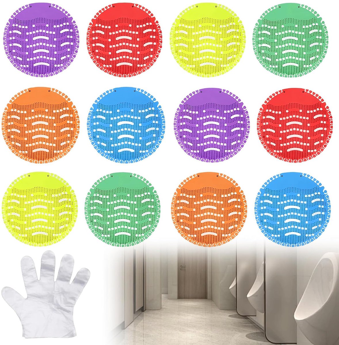20 stuks Urinalzeef: 6 kleuren Urinalzeef met geur 30 dagen frisse werking Urinal stenen Pissoir Premium Urinalzeef Universele Urinal inzet met spatbescherming luchtverfrisser Wegwerphandschoenen