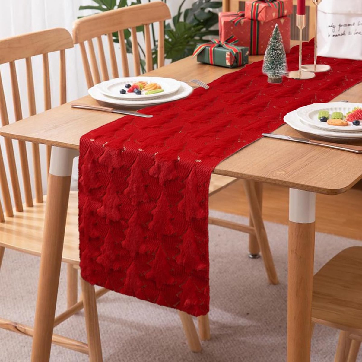 Tafelloper Kerstmis zacht pluche fluweel faux bont jacquard grenen boom kersttafel loper winter keuken tafel vakantie kerstfeest decor 33 x 183 cm rood