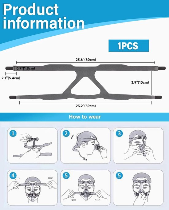 1 stuk Universele CPAP kopband voor masker en masker, 4 punt aansluiting CPAP kopband voor de meeste neus, Universele masker hoofdbekleding (grijs) — afbeelding 4