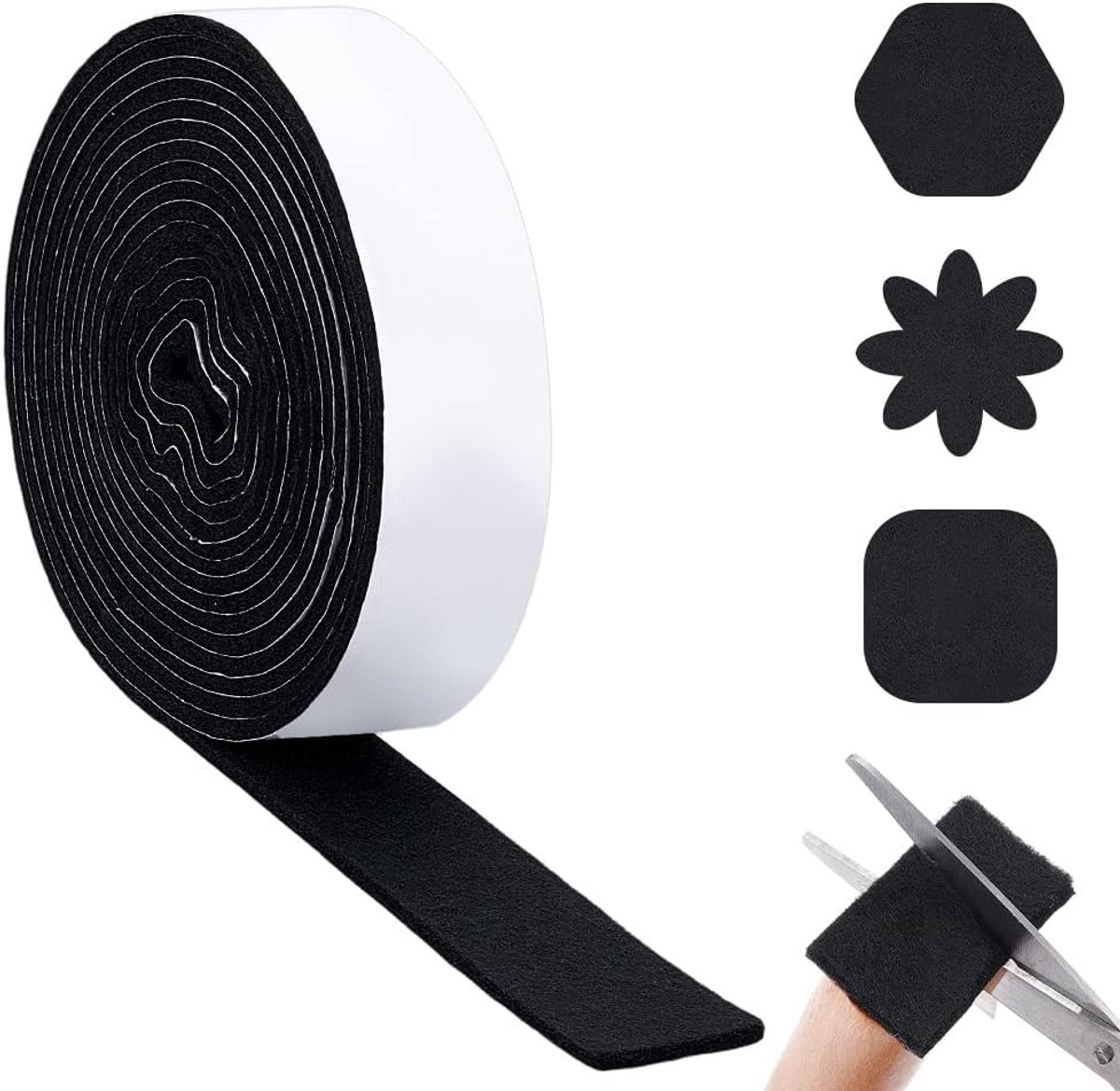 Zelfklevende viltband, 600 x 5 cm, zwarte zelfklevende viltdoppen op de achterkant, antislip vilten meubelbekleding ter bescherming van hardhouten vloeren, stoelen en wandbescherming, 0,5 cm