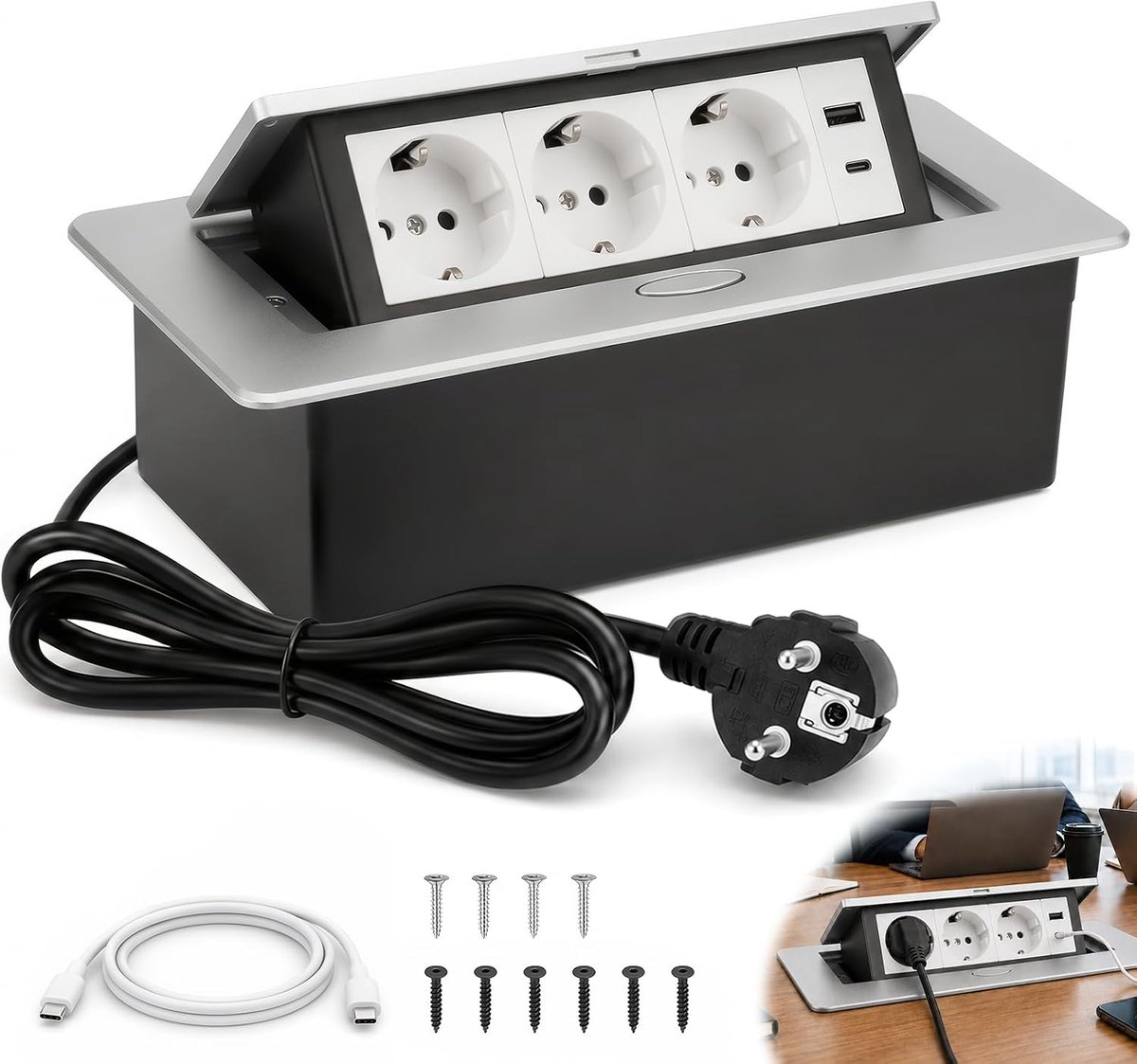Stopcontact, 3680 W/16 A/230 V, 3-voudige desktop, intrekbare stekkerdoos, met 1,5 m kabel en 1 m type-C, USB-snellading, pop-up tafelstopcontact, ruimtebesparend voor kantoor