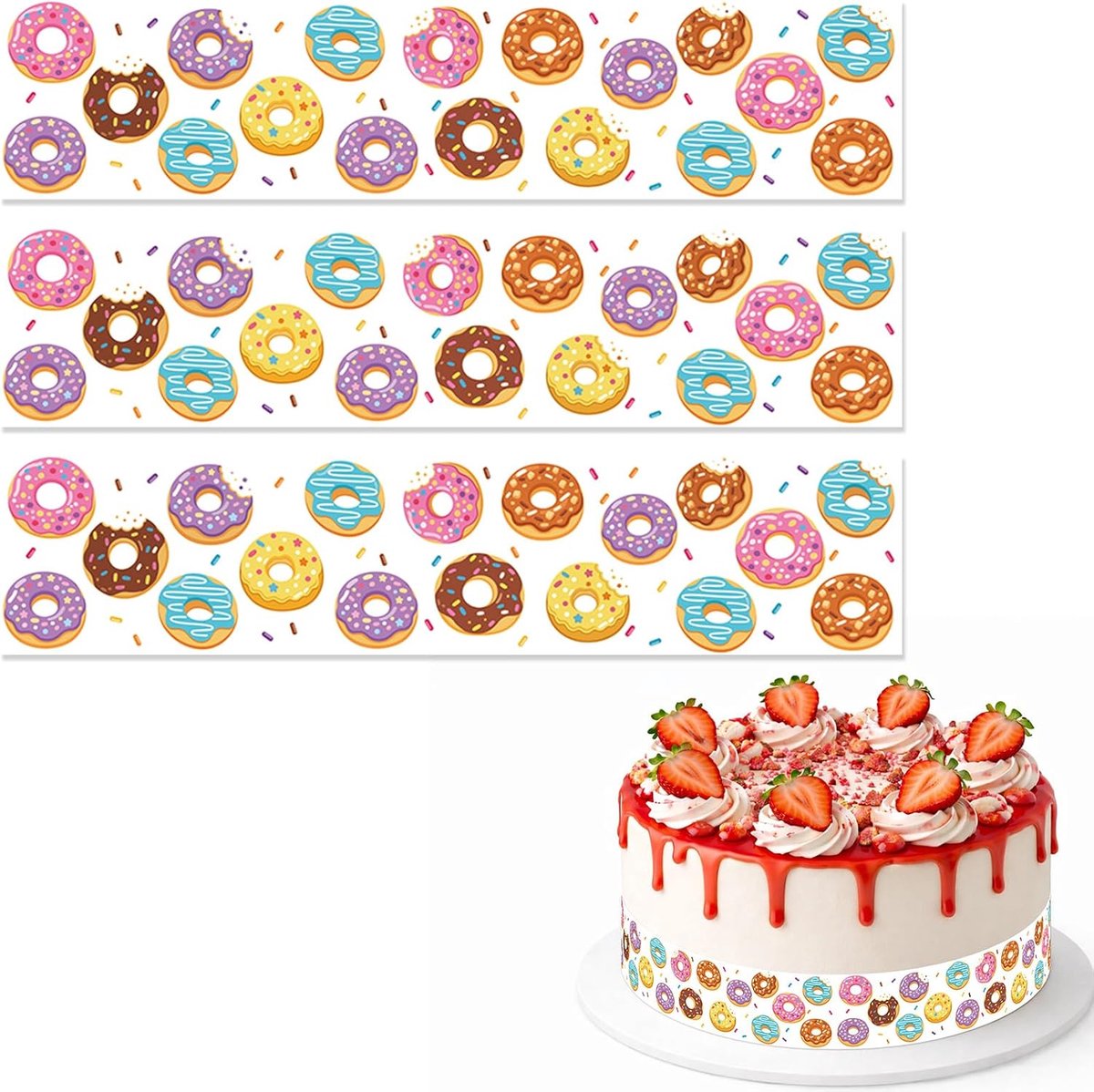 Eetbare Taartranden met Donutmotief, 28x6,2cm Voorgesneden Rijstpapieren Taartranden met Donutafbeeldingen voor Verjaardagen Creatieve Feestdecoraties