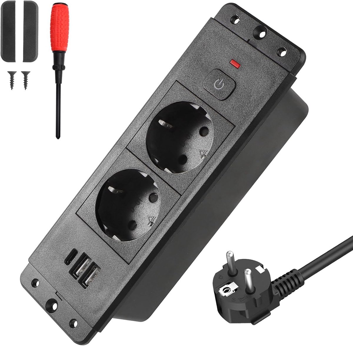 Werkblad met schakelaar USB A type C PD20W | Zwart stopcontact voor tafel met 1,7 m kabel voor keuken, kantoor, meubels, vergadertafel, werkblad