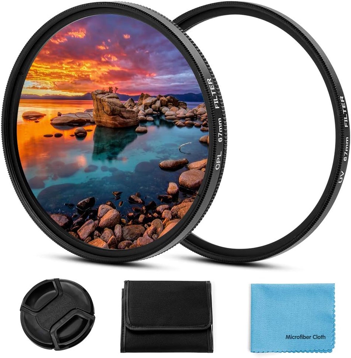 55 mm filterkit, Fotover 55 mm universele UV-CPL filterset UV-beschermingsfilter circulair polarisatiefilter met centrale knijplensdop voor Canon, Nikon, Sony, Pentax, Olympus, Fuji-camera