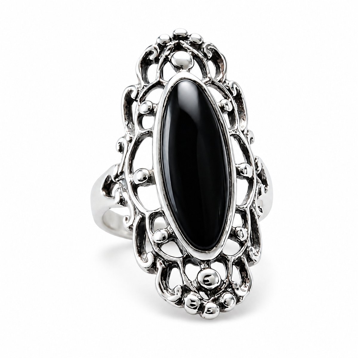 Damesring 925 Sterling Zilver met Zwarte Onyx – Maat 18 mm – Sierlijke Vintage Statement Ring met Ovale Edelsteen