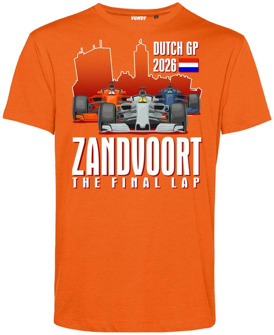 Oranje t-shirt met F1-auto's, Zandvoort skyline en de tekst "DUTCH GP 2026 ZANDVOORT THE FINAL LAP".
