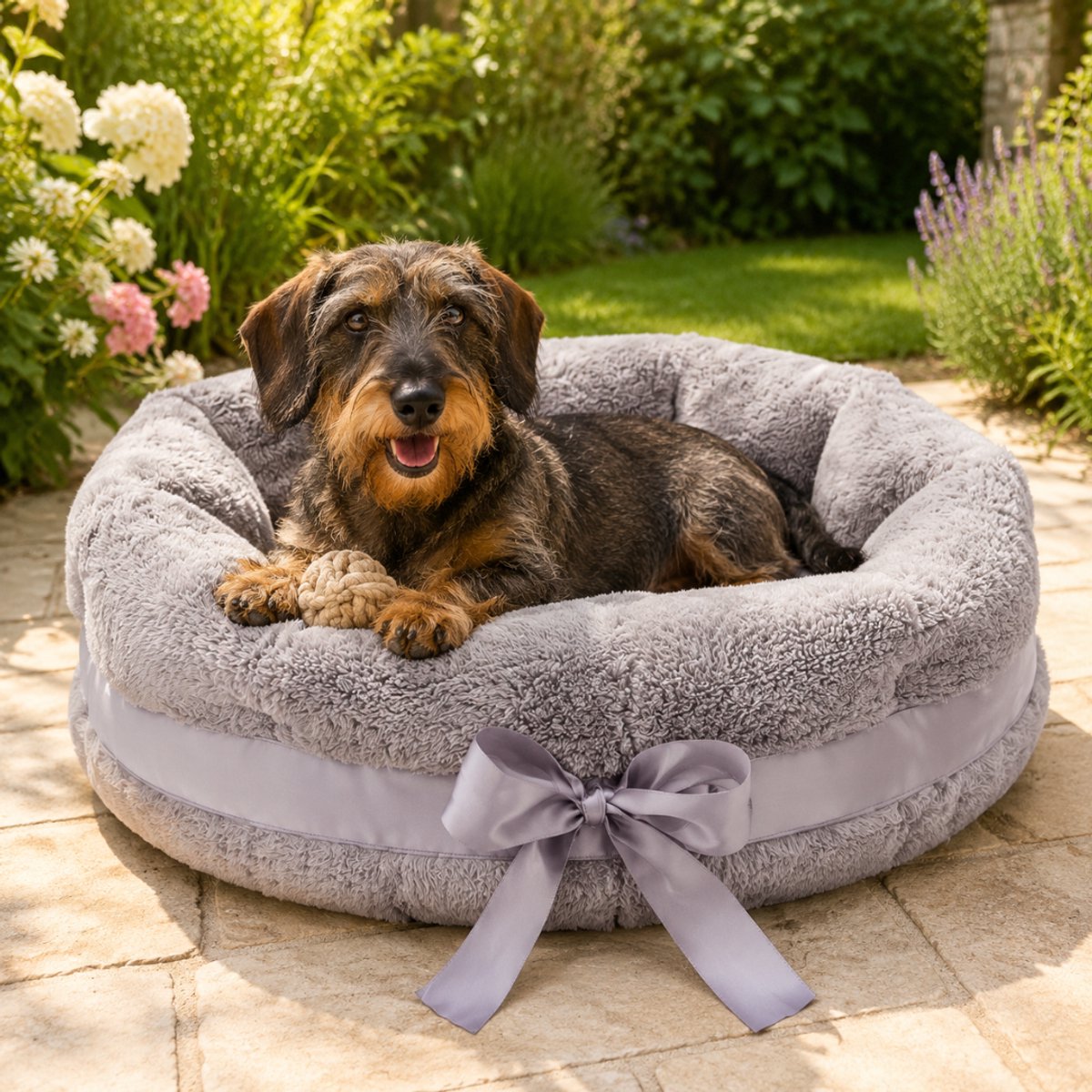 Pluche hondenmand rond 55 cm – grijs – voor kleine honden – met strik