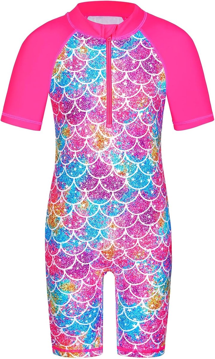 Badpak voor meisjes, 2-12 jaar, eendelig met uv-bescherming UPF50+, korte mouwen, ritssluiting aan de voorkant, kleurrijk printpatroon, ideaal voor zwemmen en strand