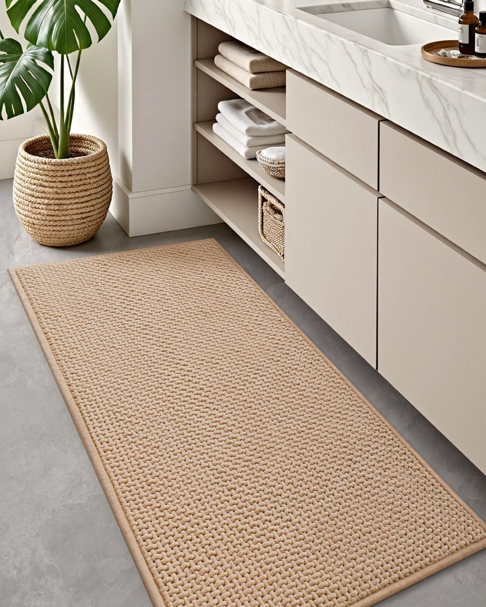 Antislip badkamertapijt, absorberend douchetapijt, wasbaar, sneldrogend, zacht chenille-tapijt voor badkamer, douche, badkuip, beige, 44 x 120 cm