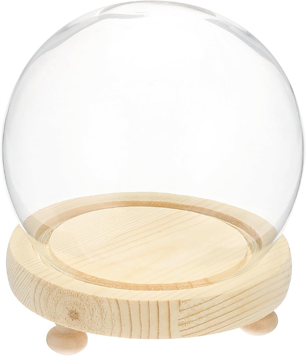 Ronde glazen kap, glazen bel, 11,9 cm x 9,9 cm, decoratieve glazen display, klok, glazen bel met houten voet, voor doe-het-zelf bloemenhandwerk, verzamelobjecten, planten, stofbescherming