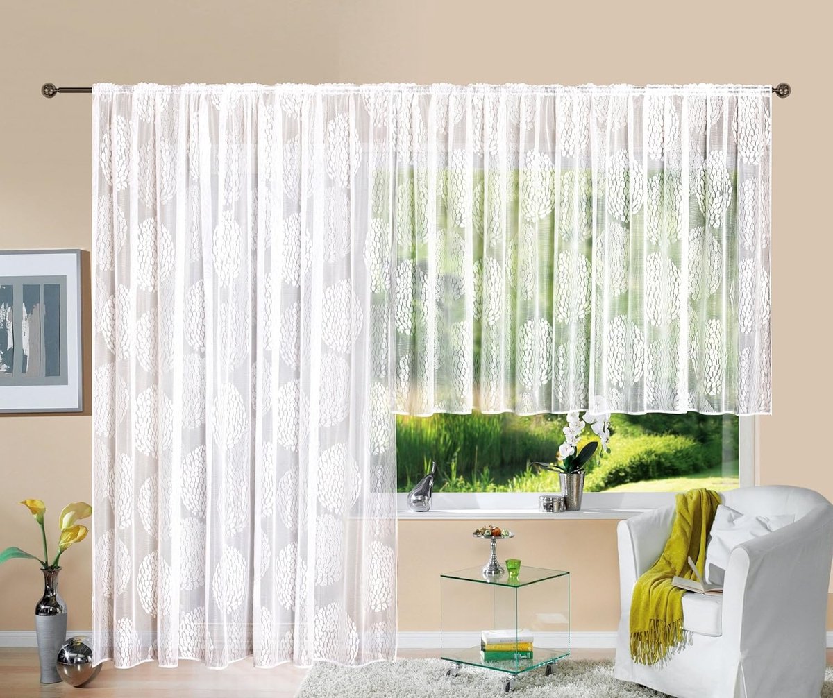Store Jacquard Fabio HxB 225x300 cm plooiband universele band wit cirkelpatroon transparant voile gordijn woonkamer, 13143