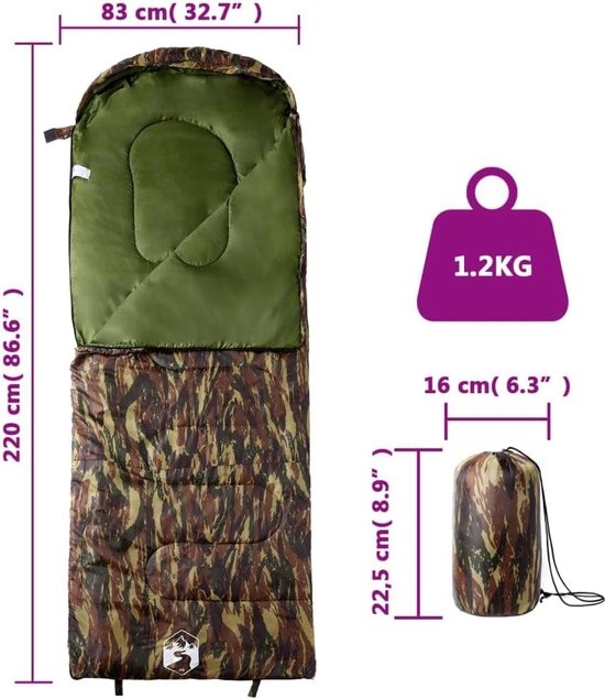 Slaapzak volwassenen - Kampeerzak - Buitenavonturen - Waterbestendige hoes - 220 x 83 cm - Camouflage — afbeelding 4