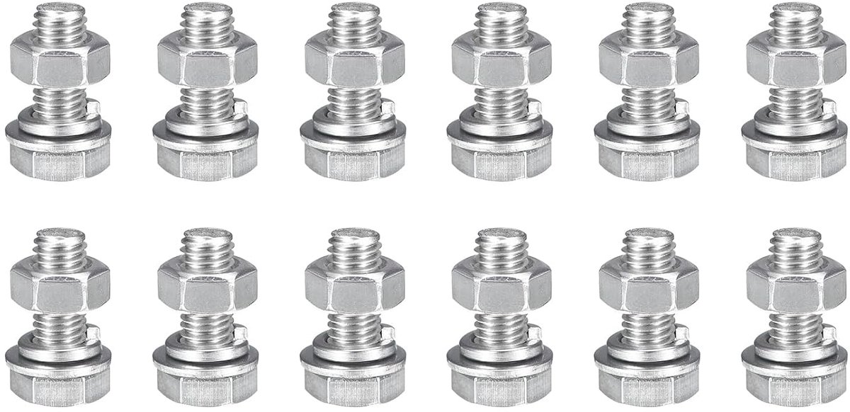 12 stuks M8 x 20 mm zeskantschroeven, moeren, set en sluitringen, 304 roestvrij stalen zeskantkopschroeven, schroefdraadschroeven met volledige schroefdraad, buitenzeskant