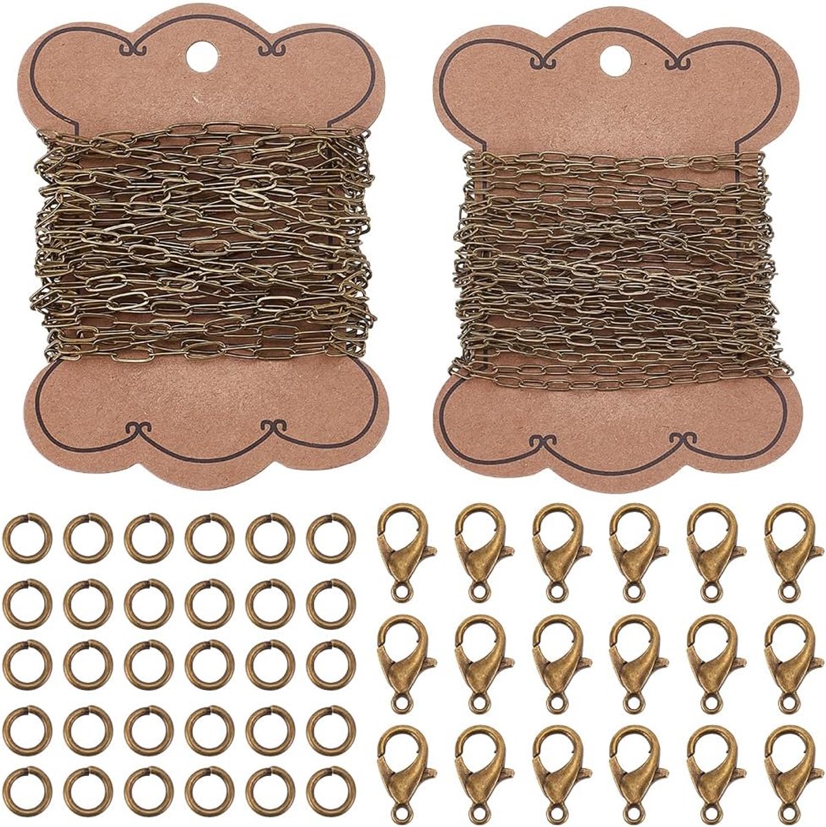 1 doos met 10 m ketting van antiek bronzen messing kettingen met papieren klemmen, kettingen met kruis en papierklemmen met 20 karabijnhaken en 100 ringen voor het maken van gi