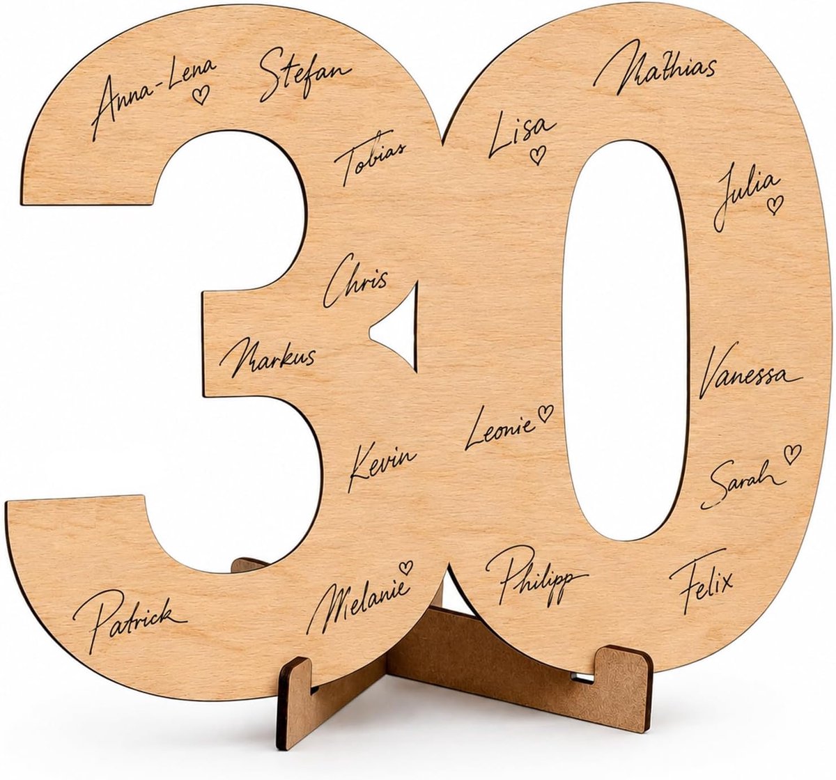 30 jaar van hout met standaard, decoratie 30 jaar heren dames, cijfer 30 jaar om neer te zetten, voor tafel, gastenboek, foto, feest, verjaardag, bruiloft, souvenir