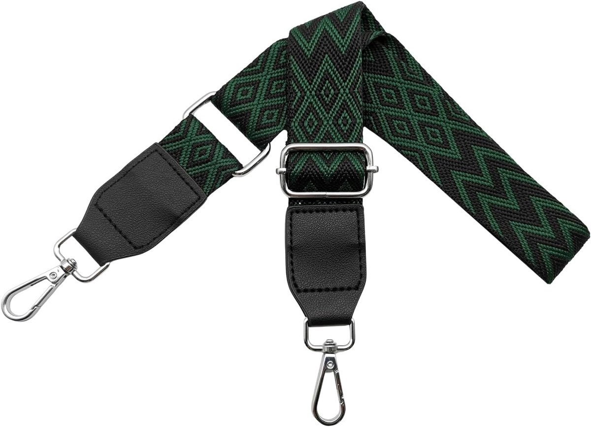 Tasriemen om te wisselen, schouderriem voor tassen, breed, 3,8 cm, van leer met zilveren karabijnhaak, schouderriem, tasriem voor dames, doe-het-zelf accessoires, zwart/groen, W16