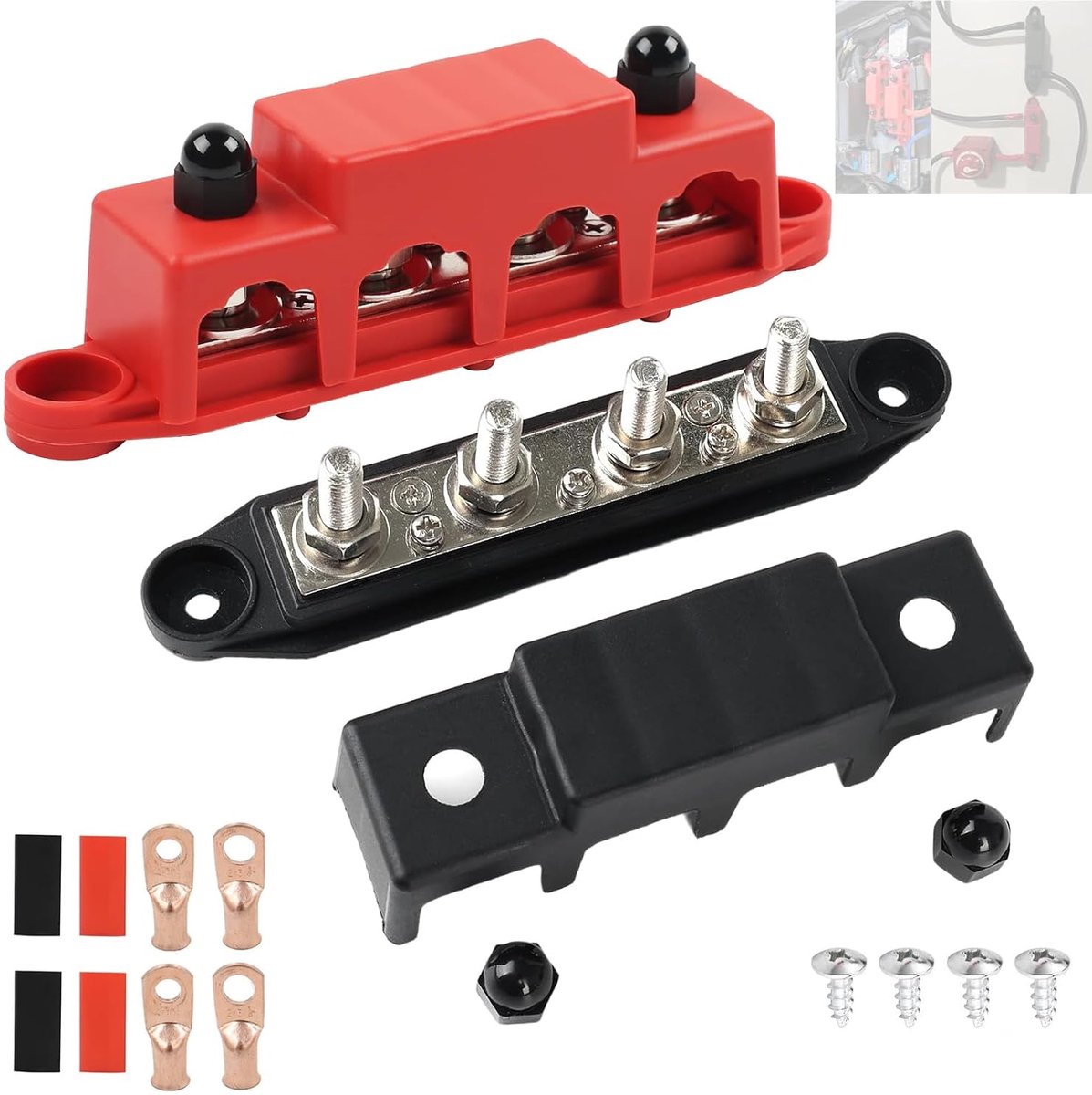 verzamelrails verdelerblok, 2 stuks busverdelingsblok, 250A BusBar Box, stroomverdelingsblok aardstroom, met 4 x M8 klembouten, 2 x 3/8 klemblokken, krimpslang, zwart/rood