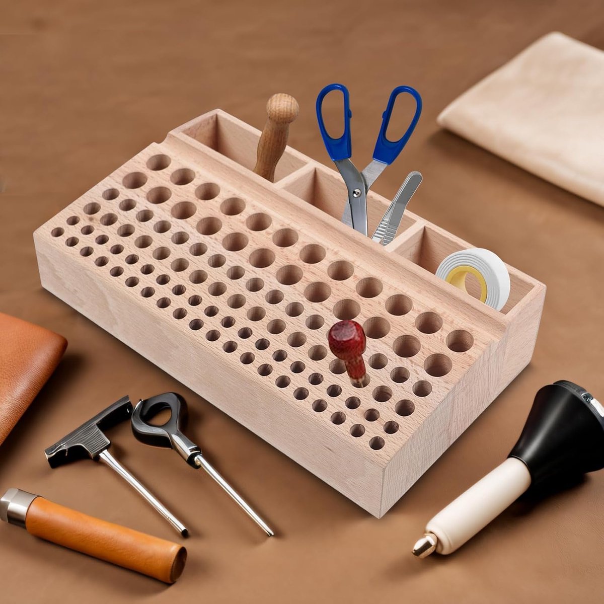 Houten gereedschapshouder met 98 gaten - lederen ambachtelijk ontwerp - perfecte organisatie - voor leren werkplaats - SnelShoppen