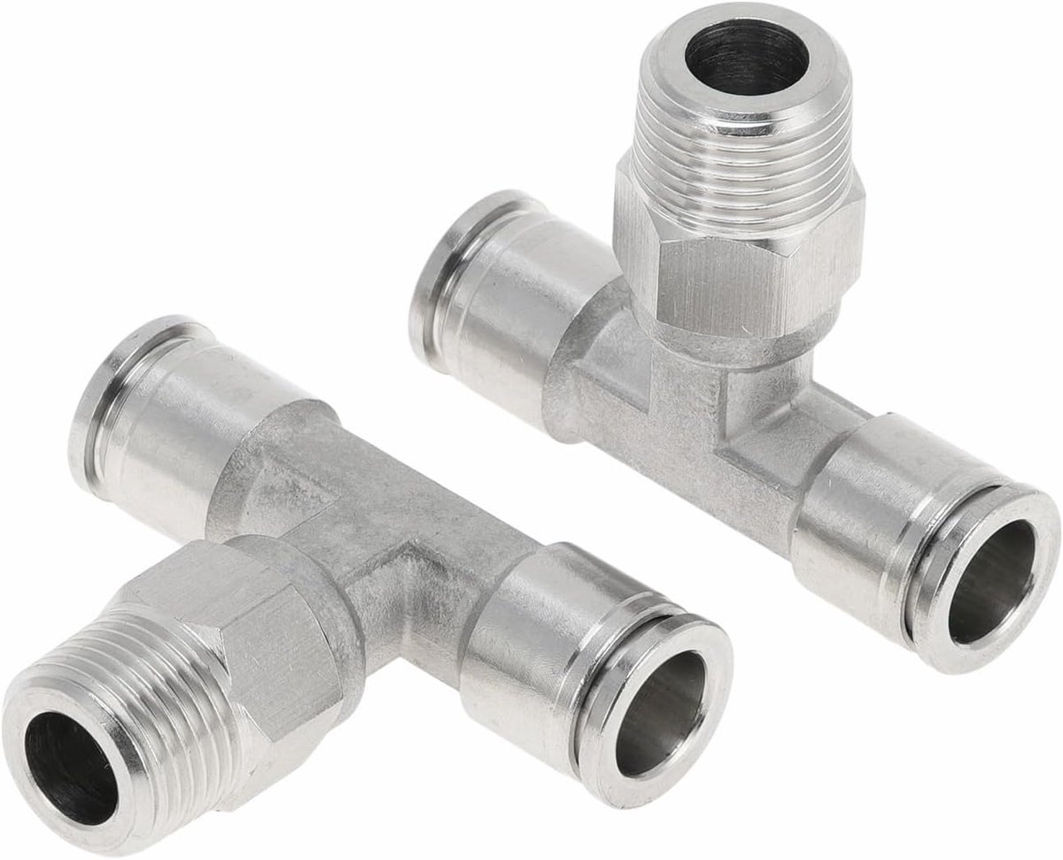To Connect luchtaansluitingen 3/8" T-type luchtleiding snelkoppeling 304 roestvrij staal 3/8" BSPT 2 stuks zilverkleur
