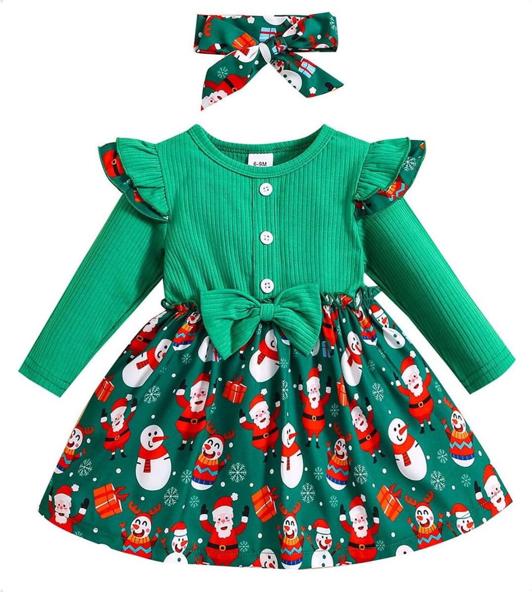 Babykleding voor meisjes, jurk met ruches, lange mouwen, jurk met strik + hoofdband, geribbelde jurk, babykleding, set, kledingset, lente, herfst, winter, voor 0-3 jaar (kerst/dierpatroon)