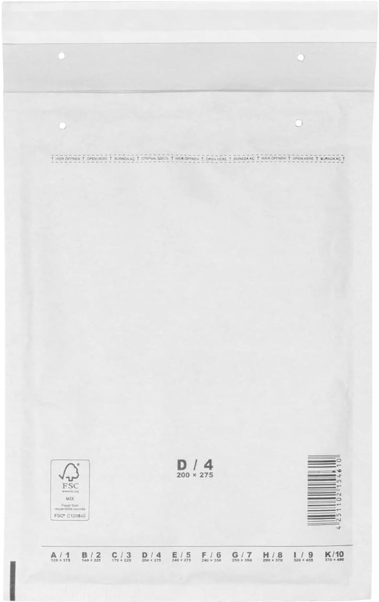 verpacking luchtkussenenveloppen 200 x 275 mm wit D4 [maat en aantal naar keuze] zelfklevend geschikt voor DIN B5 C5+ verzendzakken met luchtkussen 100 stuks