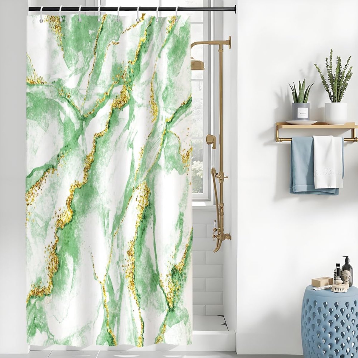 Douchegordijn, schimmelwerend, douchegordijn 120 x 200 cm, saliegroen, wasbare stof, marmereffect, badgordijn, waterdicht, groen kleurverloop, moderne badkamergordijnen met 8 haken