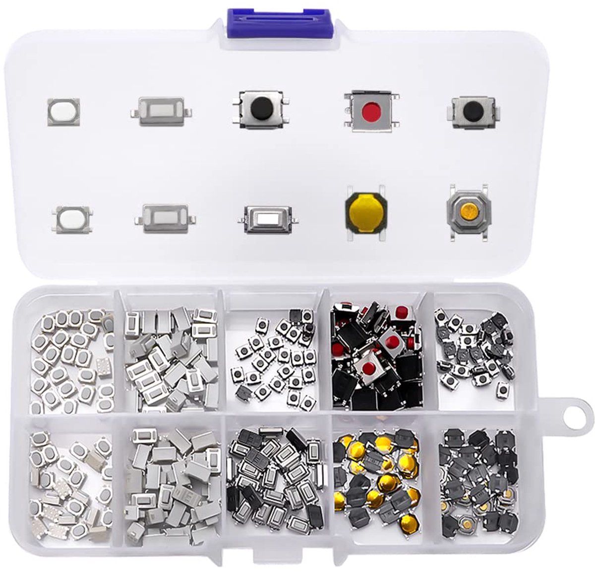 250 Stuks 10 Waarde Tactiele Drukknop Micro Momentary Tact Assortiment Kit, voor TV Audio Remote Key Camera's Computers, met Plastic Doos