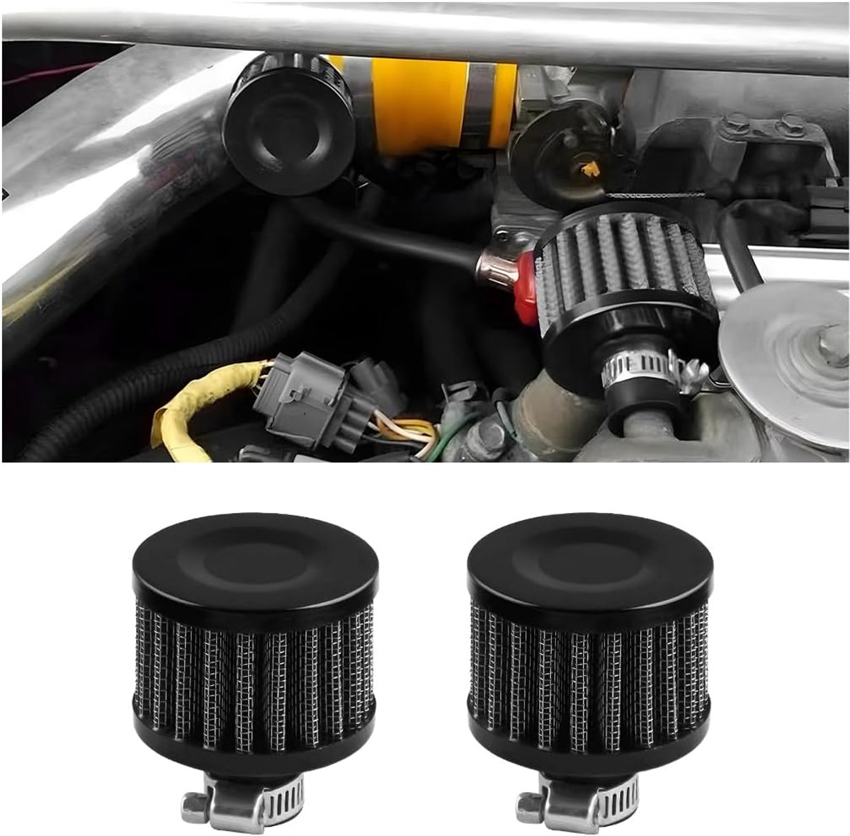 2 stuks luchtfilters voor auto's, crankbehuizing en ontluchtingsfilter, mini-luchtinlaatfilter, ontluchtingsaccessoires, universele auto-accessoires (zwart)