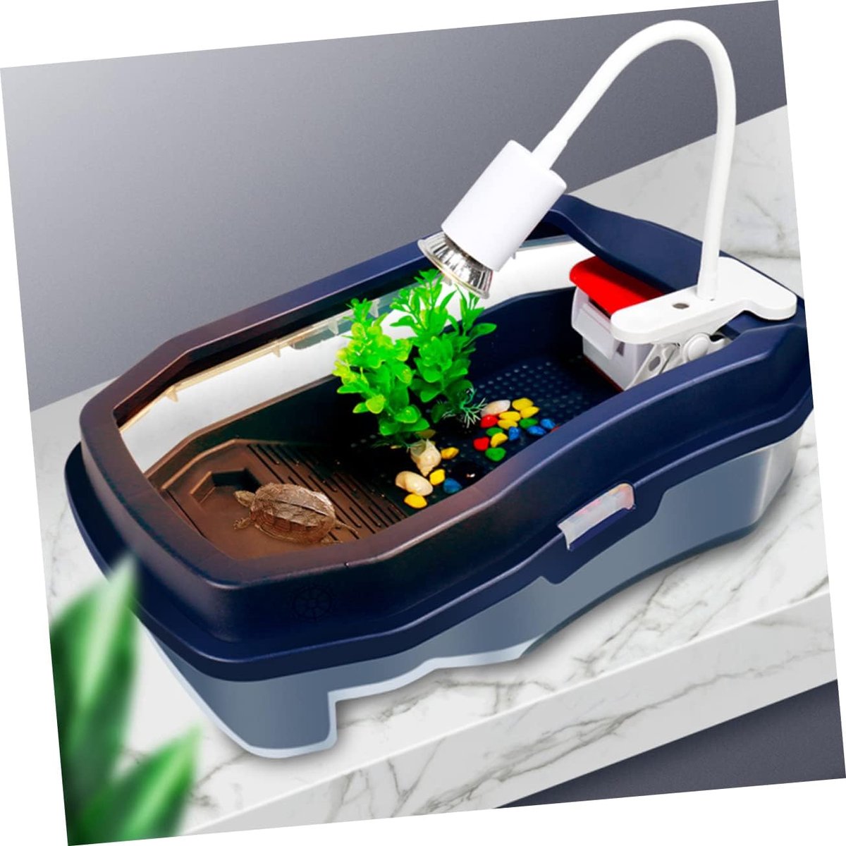 Schildpad Tank Terrarium - Reptielen Aquarium - Huisdier Huisvesting - Met Dubbele Voedingsbak - 45x23x16 cm - Blauw