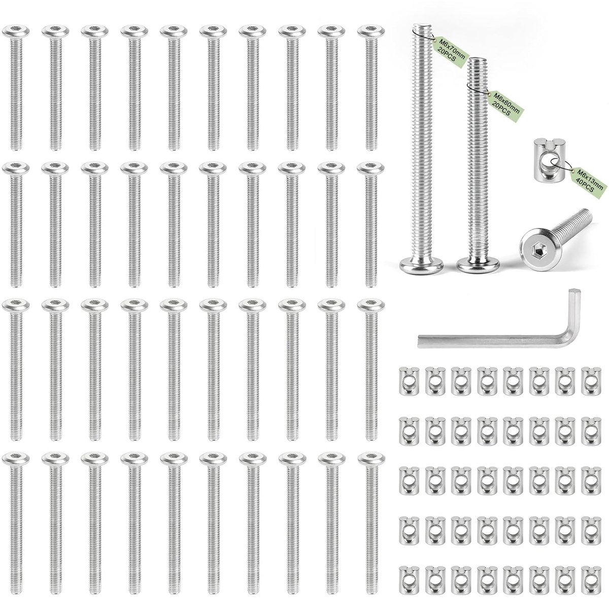 Meubelschroeven met cilindermoeren (set A) incl. 40 symmetrische doorgangsmoeren M6 x 13 mm en 20 schroeven M6 x 60/70 mm (elk) Montageschroeven voor kinderbedden voor doe-het-zelf accessoires