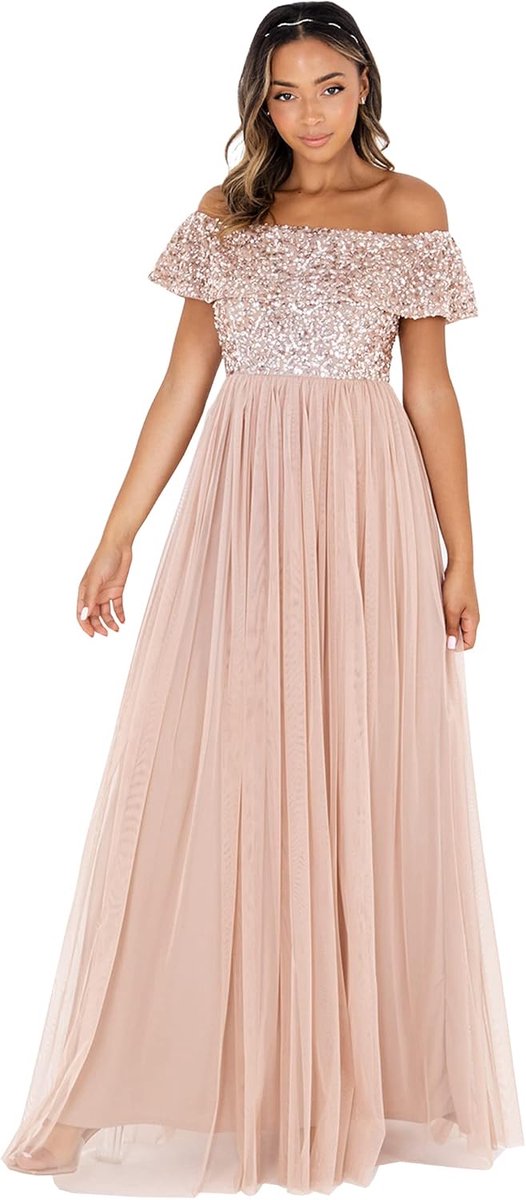 Deluxe Maya Deluxe Pale Mauve Bardot Embellished Maxi Dress dames Bruidsmeisjesjurk
