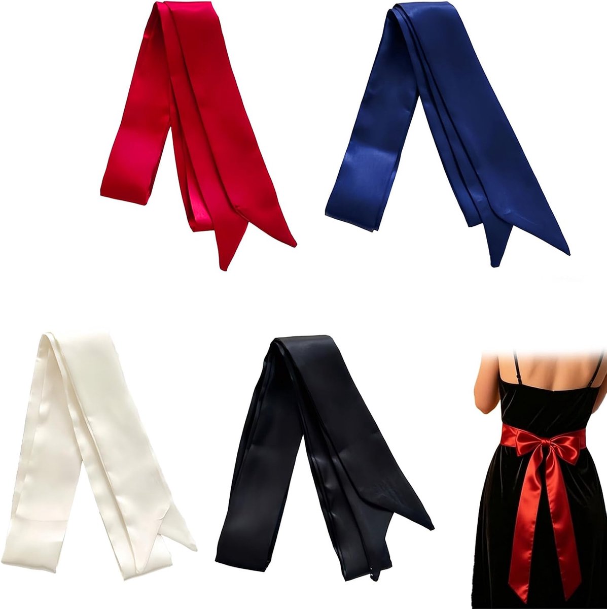 4 stuks satijnen tailleriem dames, 5 cm x 200 cm, zwart gebroken wit rood blauw, lange sjaal en klederdrachtriem voor kleding en accessoires