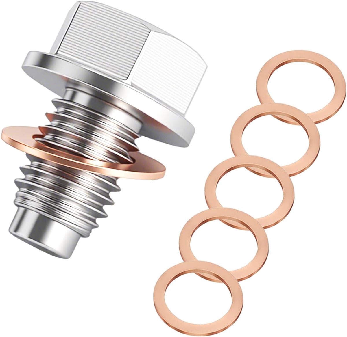 M12x1,25-bout met moer voor oliecarterplug, roestvrijstalen magnetische olieaftapplug met 5 koperen drukringen, lekvrije aftappluggen voor het carter, vervangende olieaftapplug voor de motoren