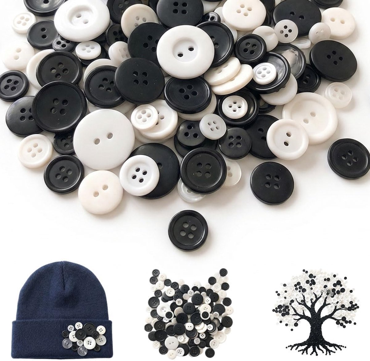 Knopen Set, Zwart Wit Kleuren, 0.9-3.5 CM Grootte, Kunststof Materiaal, Voor Kleding Reparatie, Handwerk En Naaiaccessoires