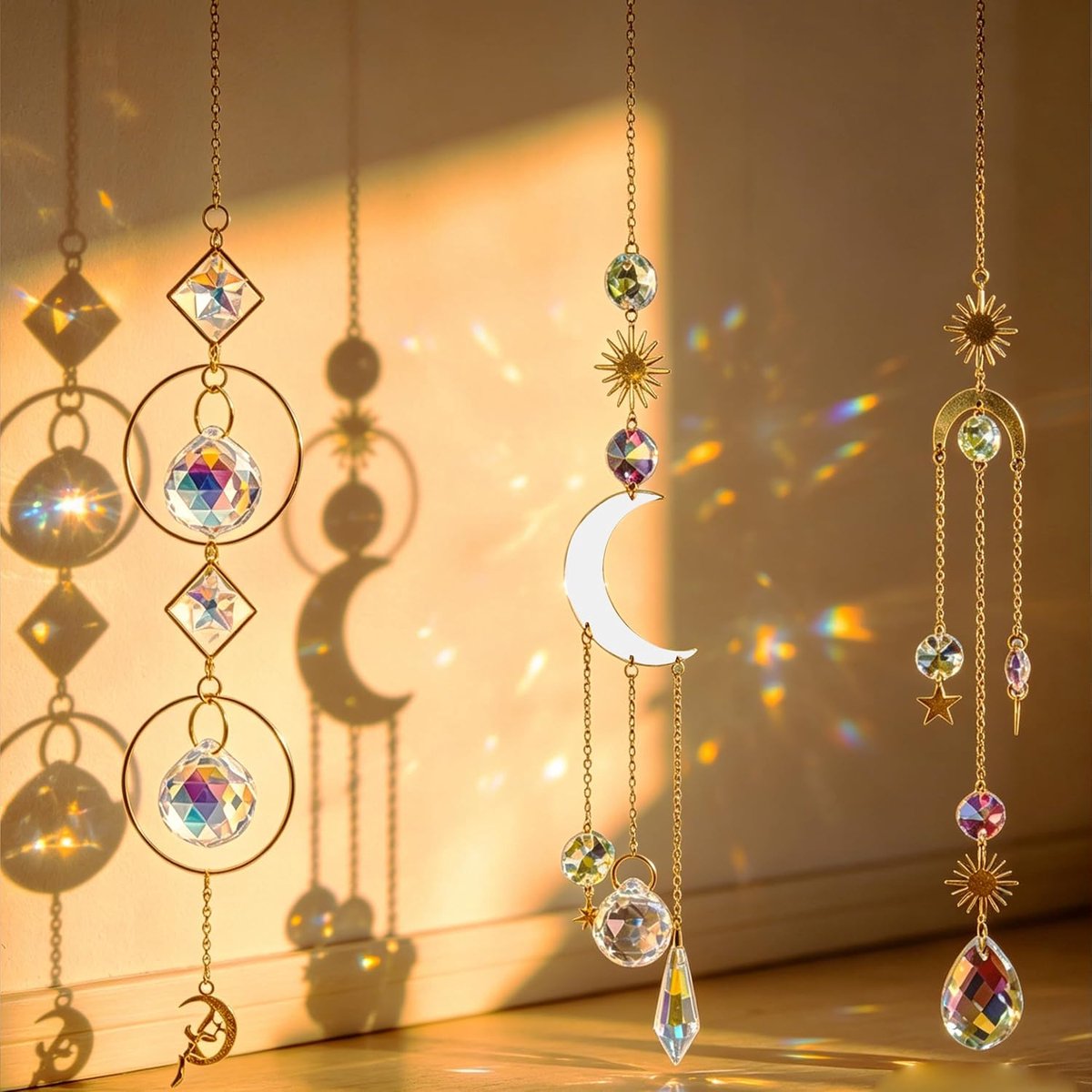 3 Stuks Kristallen Zonnevanger, Hangende Zonnevanger, Sterren en Maan Sun Catcher Zonnevangers Kristal voor Raam Woonkamer Kantoor Balkon en Beschutte Tuin