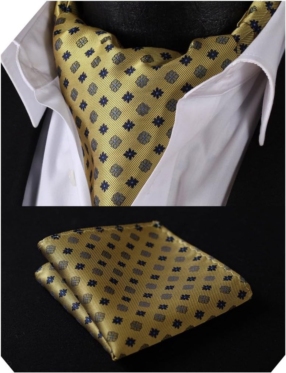 Dassjaal voor heren, bruiloft, stippen, halsdoek, zakdoek, paisley, business, ascot, stropdas en pochet, set, olijf/geel, Eén maat