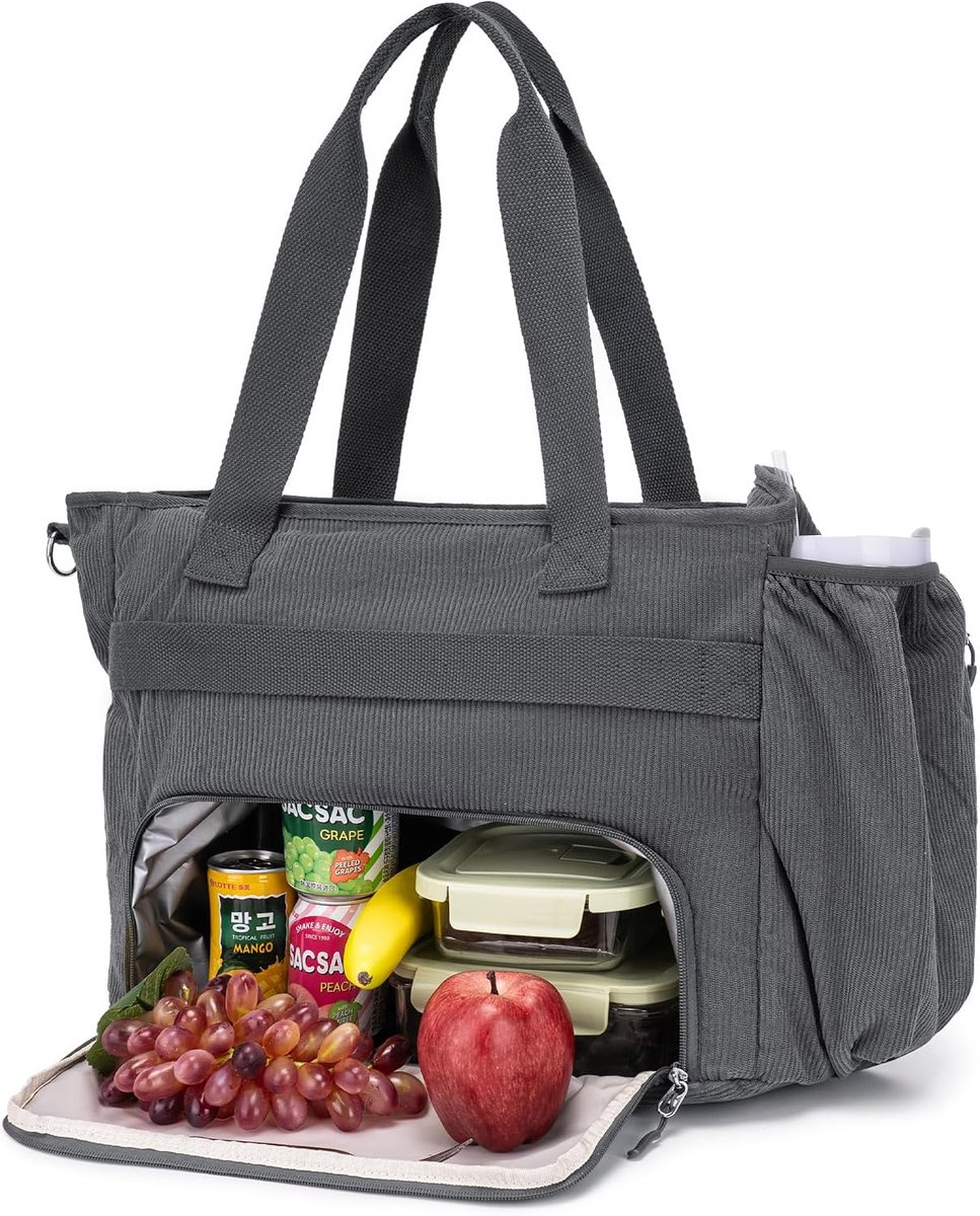 Werktas Voor Dames met Geïsoleerd Lunchvak, 12 Vakken, Grote Corduroy Shopper, 15,6 inch Laptoptas, Multifunctionele Tas Voor Werk, School en Reizen